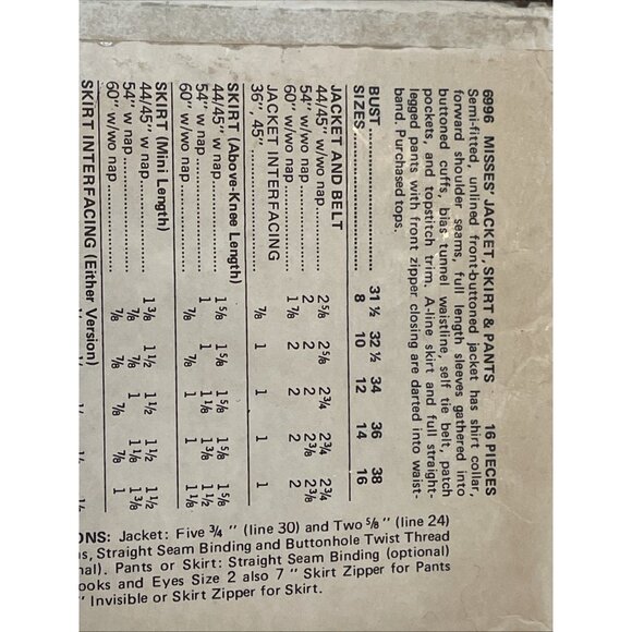 Butterick 6996 Pattern Vintage 1970s Misses Jacket Skirt Pants 14 UNCUT - Picture 3 of 4